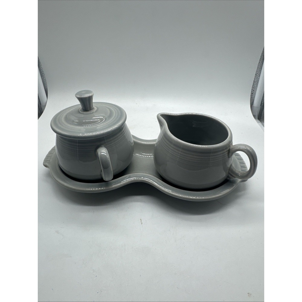 Fiesta Ware Sugar Bowl Creamer and Under Plate Tray Gray USA